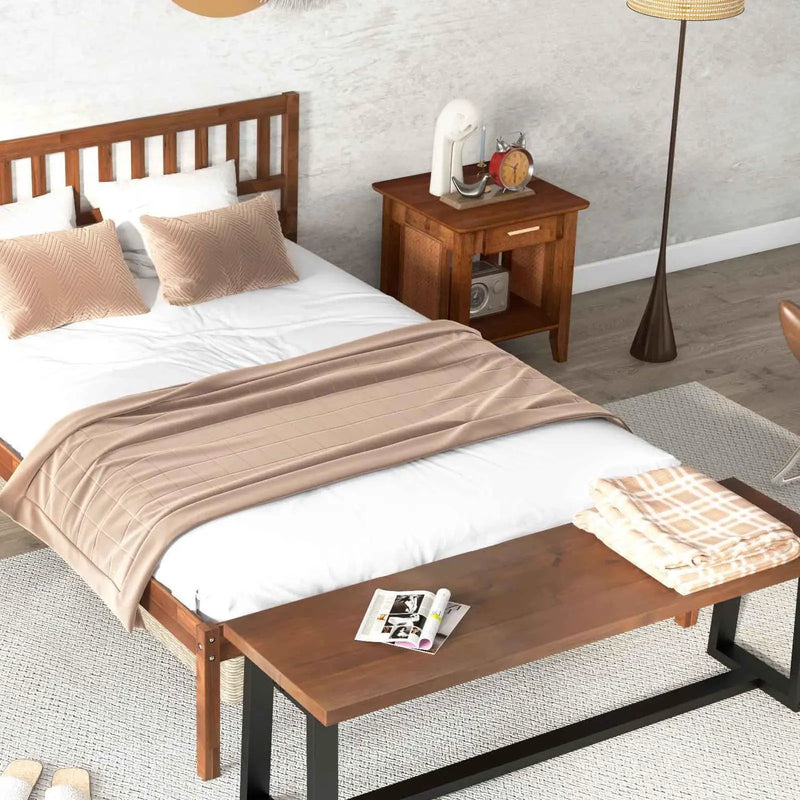 3-Piece Bedroom Bundle: Twin Size Wood Bed Frame + Dining Bench 2/3 Person Entryway Shoe Bench + Rattan Nightstand End Table by DirectDeals