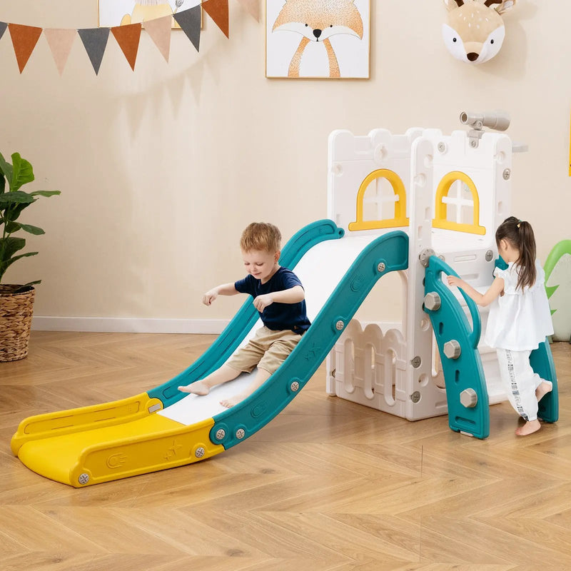 6-in-1 Toddler Slide L-shaped Playground with Basketball Hoop and Ladder by DirectDeals