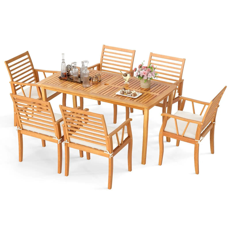 7 Pieces Acacia Wood Patio Dining Set with 1.97 Inch Umbrella Hole and Padded Cushions by DirectDeals