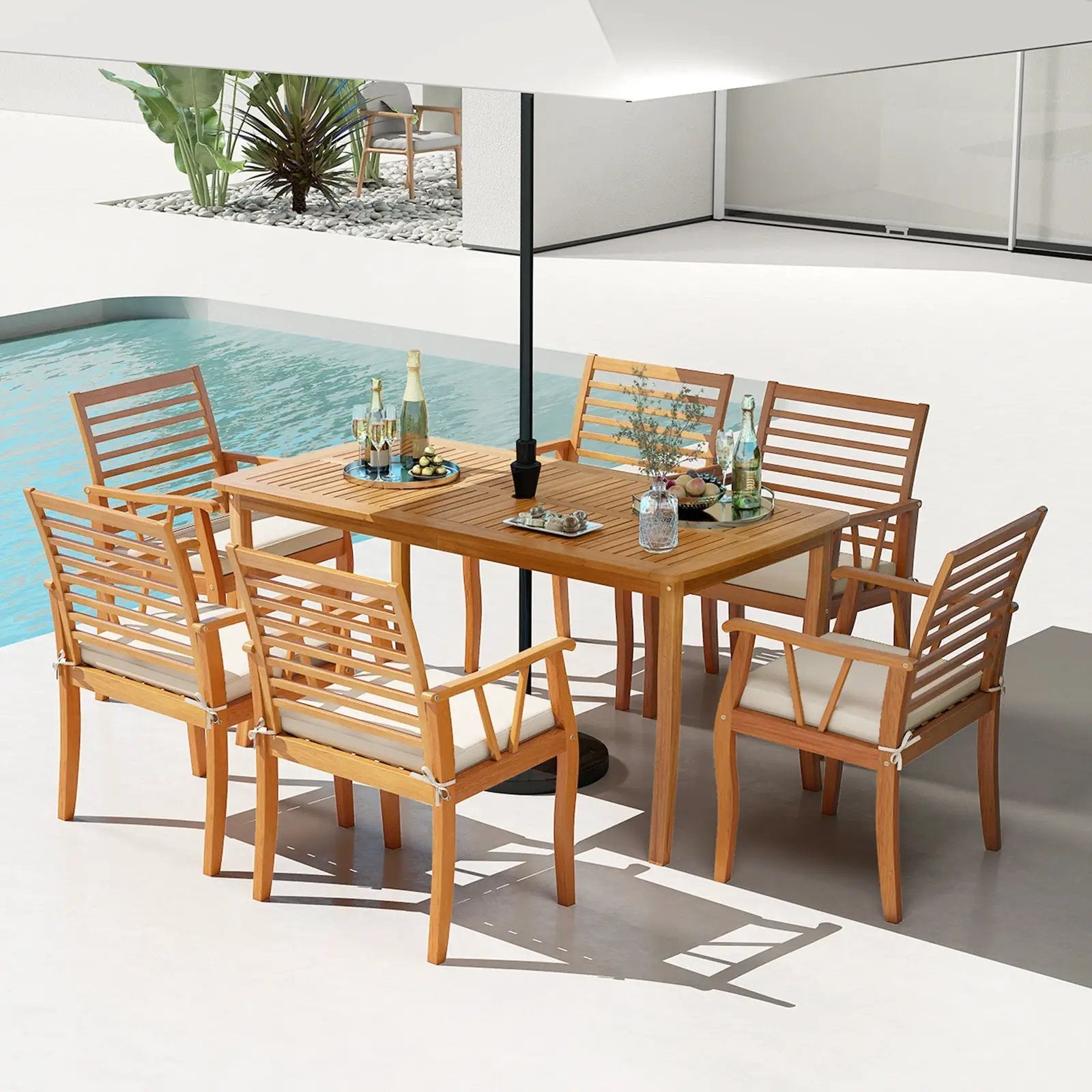 7 Pieces Acacia Wood Patio Dining Set with 1.97 Inch Umbrella Hole and Padded Cushions by DirectDeals