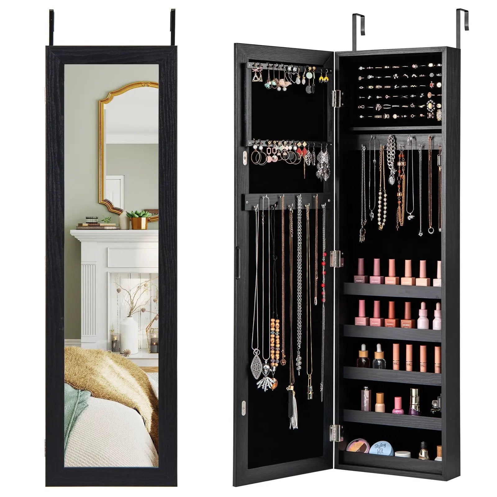 Jewelry Cabinet Wall or Door Mounted Jewelry Armoire with Full-Length Mirror-Black by DirectDeals