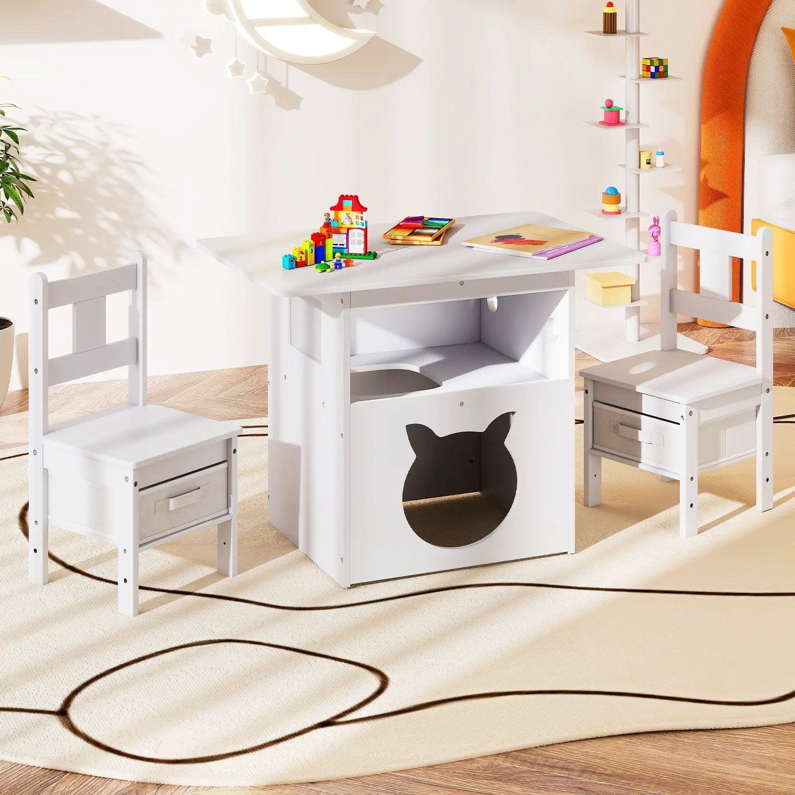 Kids Table and Chairs Set 3 Pieces Wooden Children Furniture with Cat House-White by DirectDeals