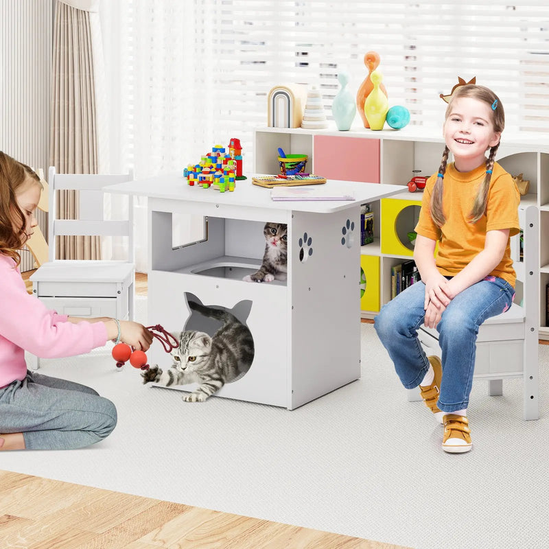 Kids Table and Chairs Set 3 Pieces Wooden Children Furniture with Cat House-White by DirectDeals
