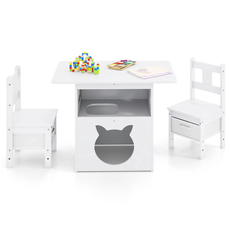 Kids Table and Chairs Set 3 Pieces Wooden Children Furniture with Cat House-White by DirectDeals