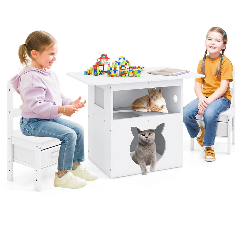 Kids Table and Chairs Set 3 Pieces Wooden Children Furniture with Cat House-White by DirectDeals