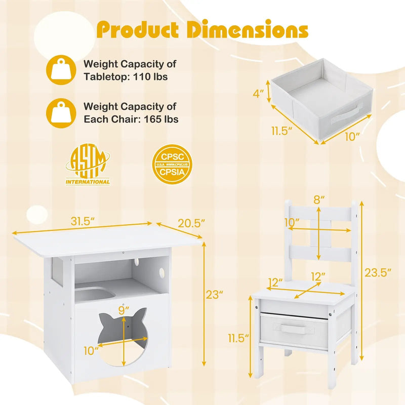Kids Table and Chairs Set 3 Pieces Wooden Children Furniture with Cat House-White by DirectDeals