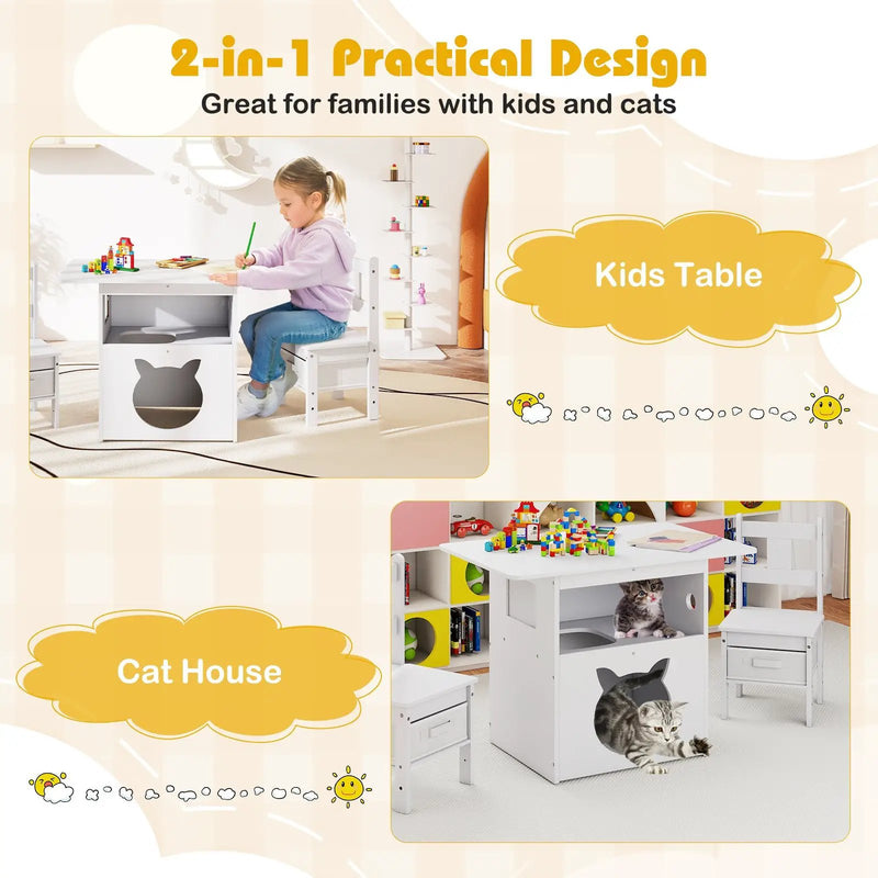 Kids Table and Chairs Set 3 Pieces Wooden Children Furniture with Cat House-White by DirectDeals
