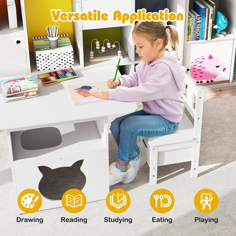 Kids Table and Chairs Set 3 Pieces Wooden Children Furniture with Cat House-White by DirectDeals
