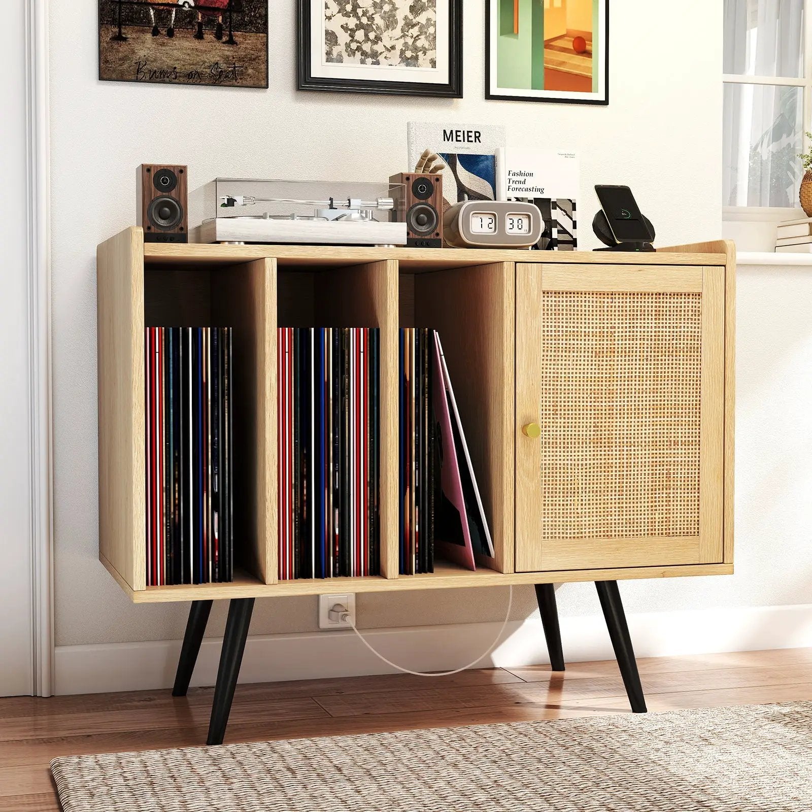 Record Player Stand with Charging Station and Rattan Cabinet for Living Room-Natural by DirectDeals
