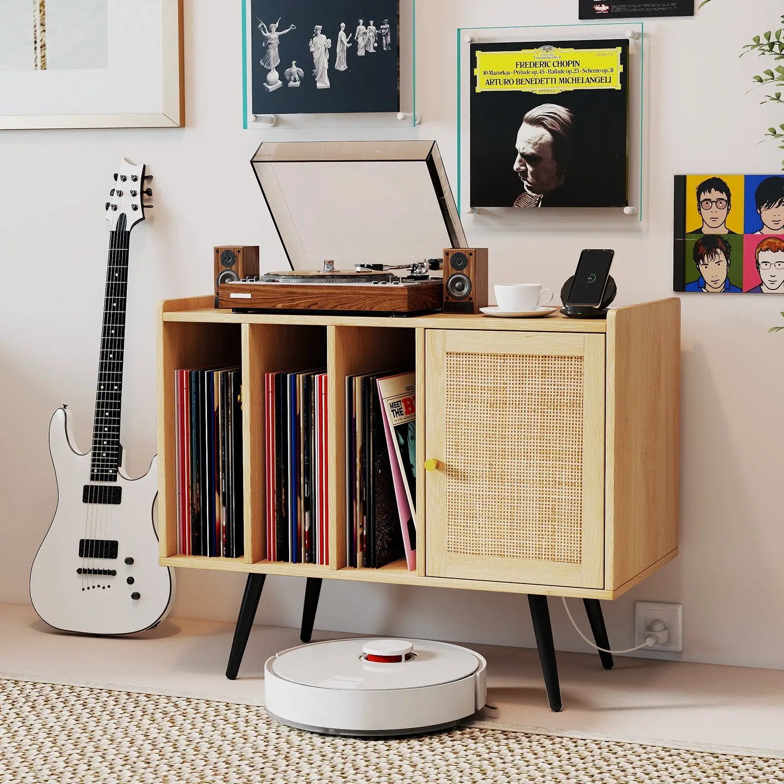 Record Player Stand with Charging Station and Rattan Cabinet for Living Room-Natural by DirectDeals