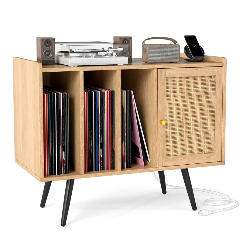 Record Player Stand with Charging Station and Rattan Cabinet for Living Room-Natural by DirectDeals