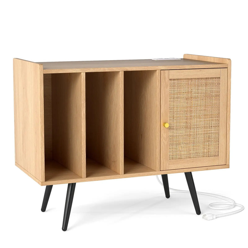 Record Player Stand with Charging Station and Rattan Cabinet for Living Room-Natural by DirectDeals