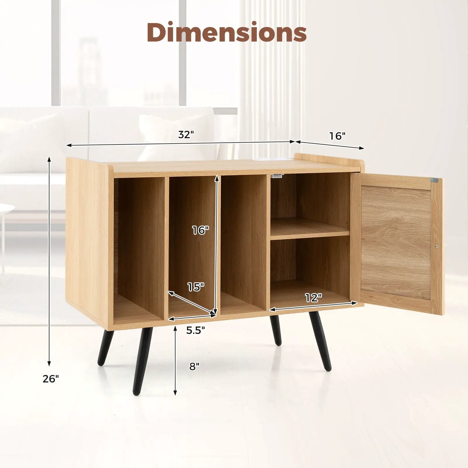 Record Player Stand with Charging Station and Rattan Cabinet for Living Room-Natural by DirectDeals
