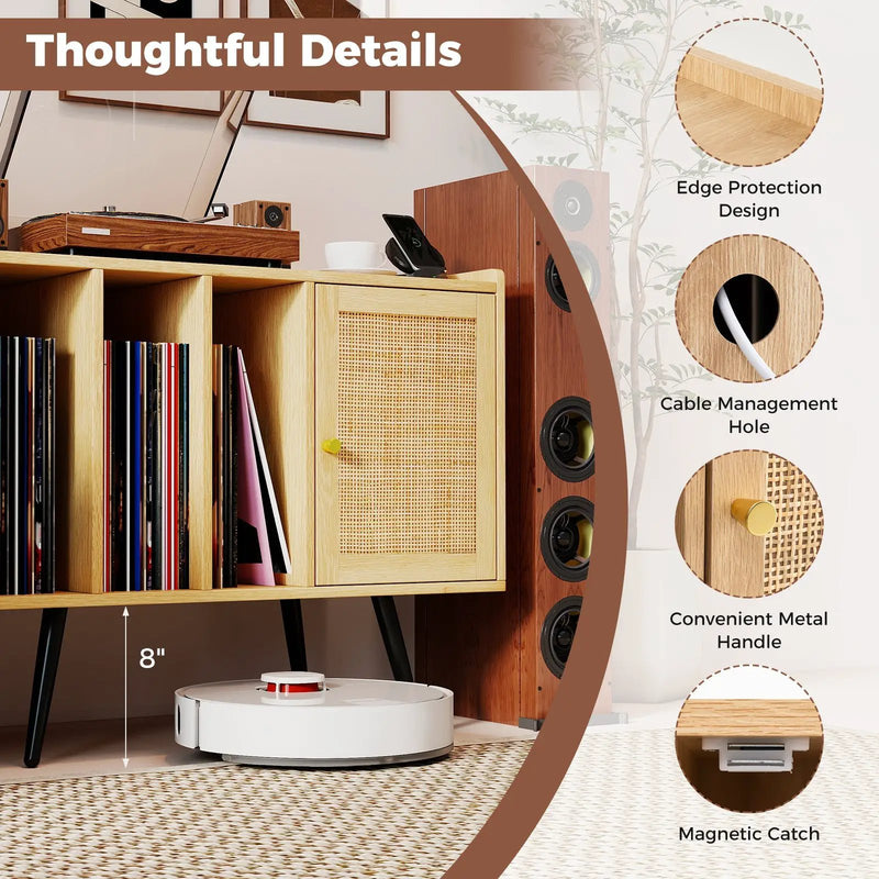 Record Player Stand with Charging Station and Rattan Cabinet for Living Room-Natural by DirectDeals
