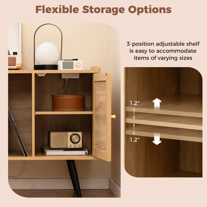 Record Player Stand with Charging Station and Rattan Cabinet for Living Room-Natural by DirectDeals