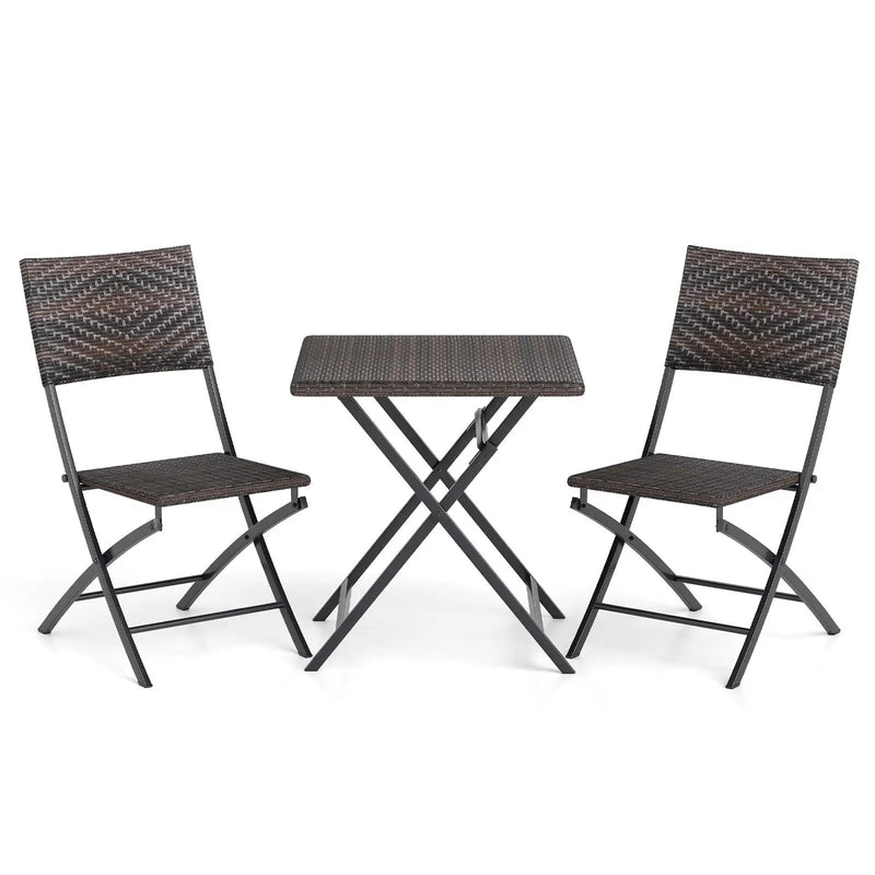 3 Piece Rattan Bistro Set Outdoor Folding Dining Table and Chairs with Wicker Seat by DirectDeals