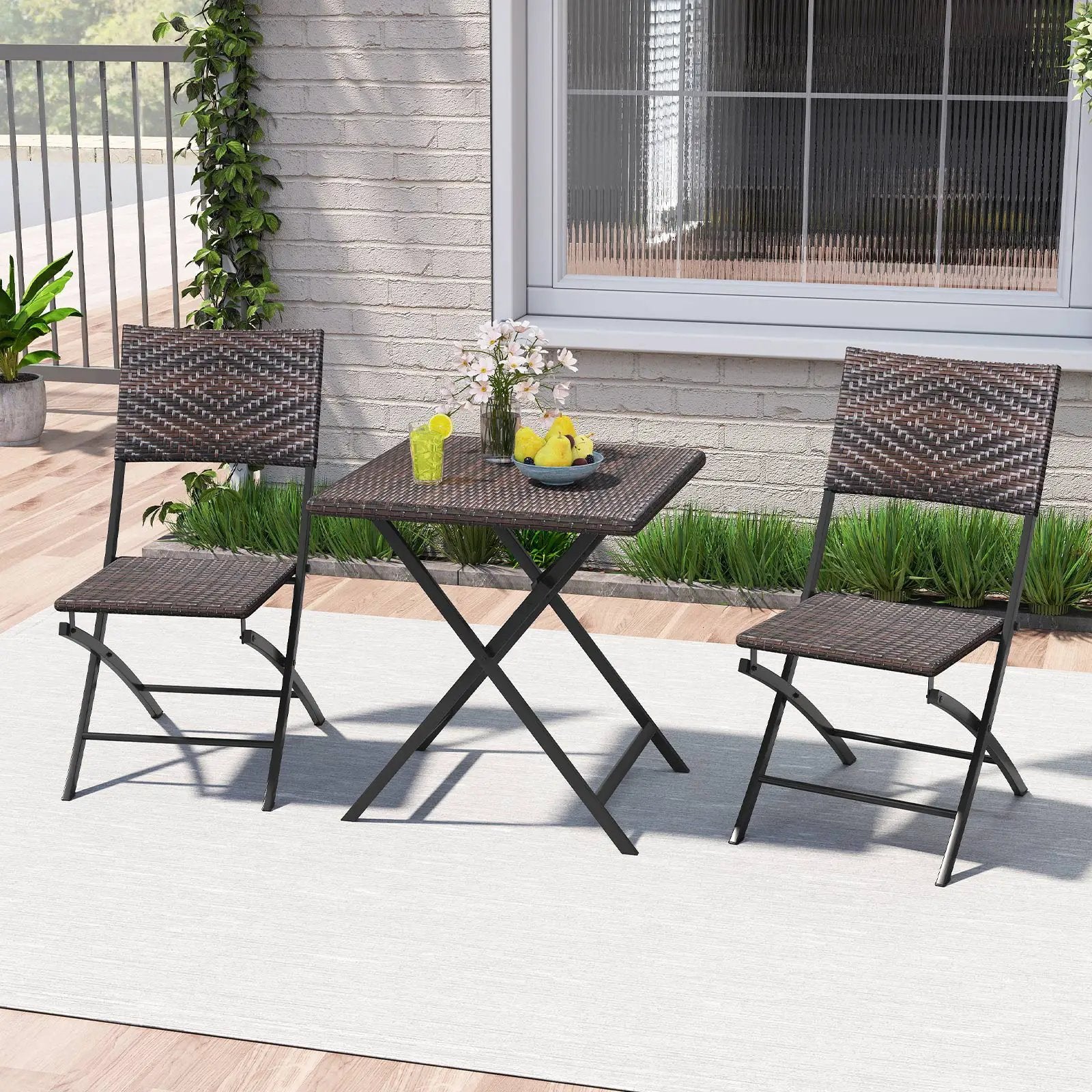 3 Piece Rattan Bistro Set Outdoor Folding Dining Table and Chairs with Wicker Seat by DirectDeals