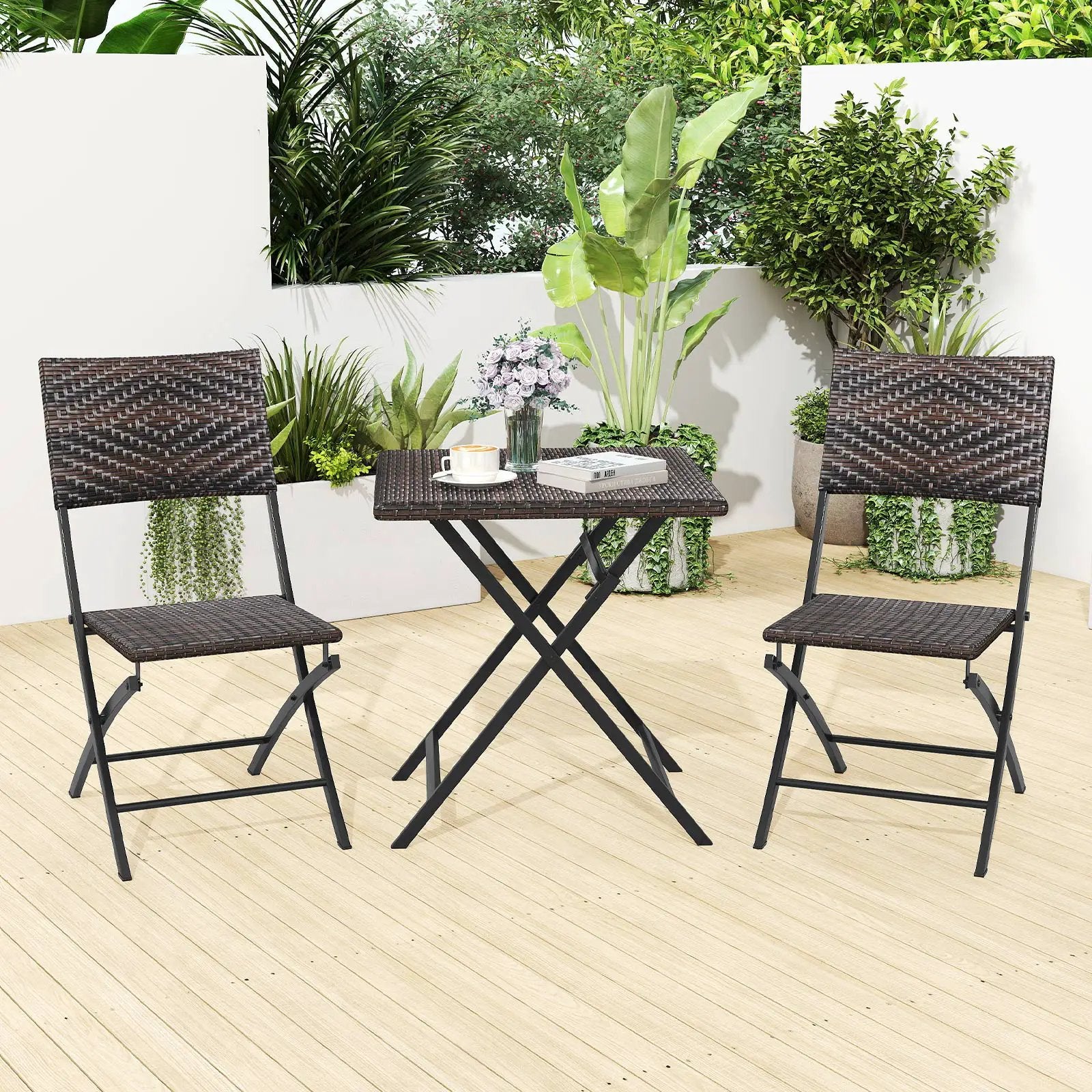 3 Piece Rattan Bistro Set Outdoor Folding Dining Table and Chairs with Wicker Seat by DirectDeals