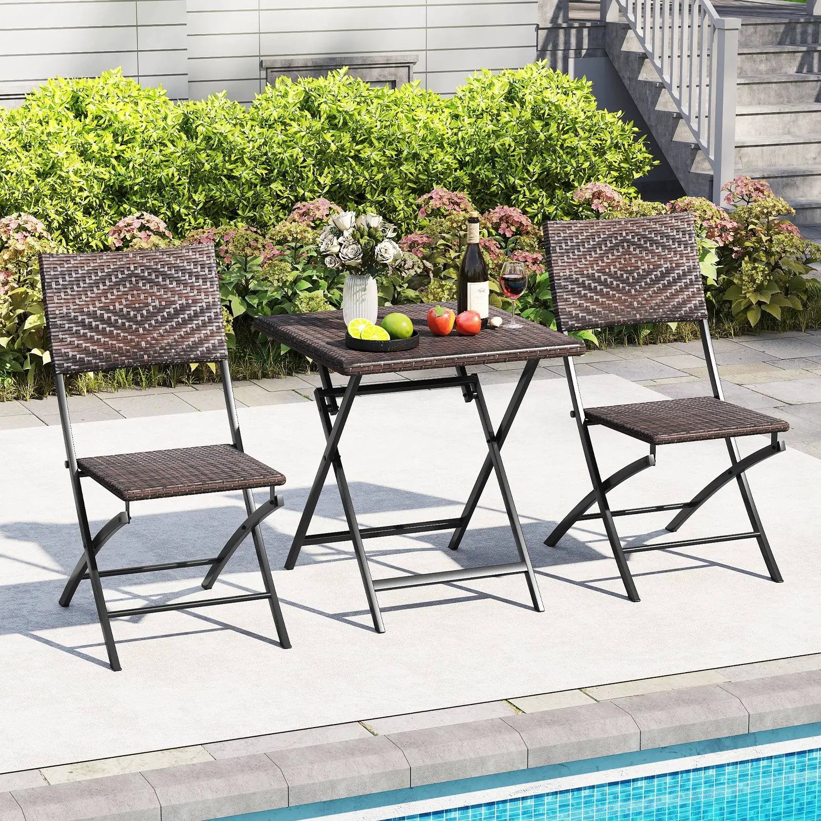 3 Piece Rattan Bistro Set Outdoor Folding Dining Table and Chairs with Wicker Seat by DirectDeals