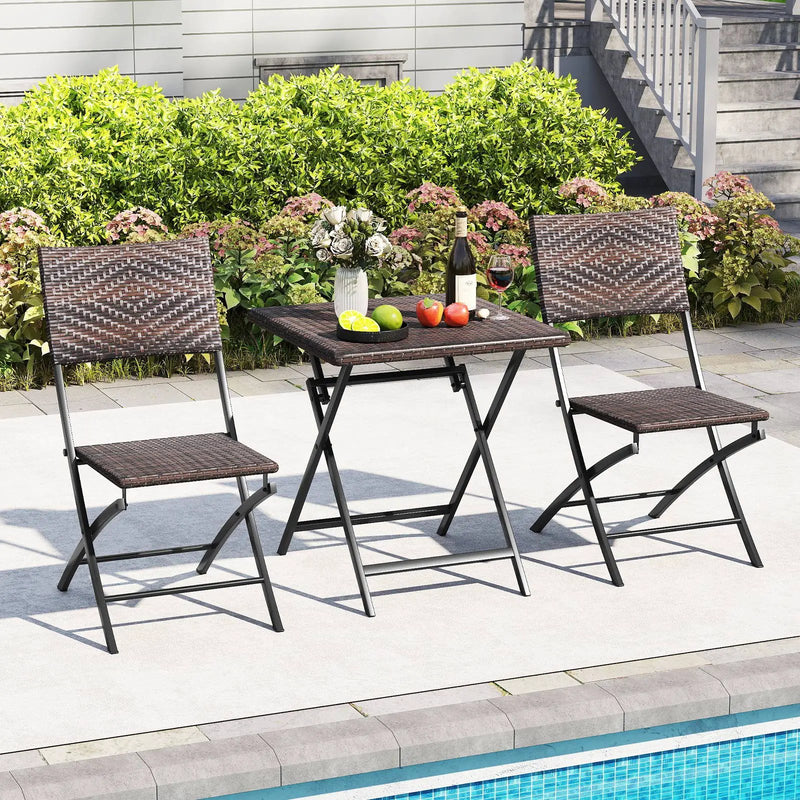3 Piece Rattan Bistro Set Outdoor Folding Dining Table and Chairs with Wicker Seat by DirectDeals