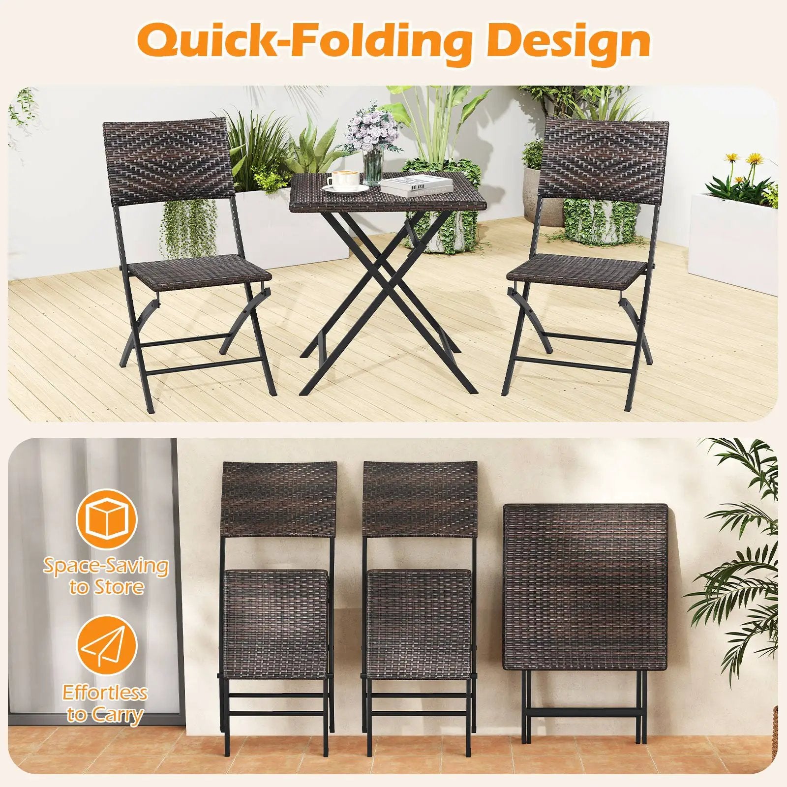 3 Piece Rattan Bistro Set Outdoor Folding Dining Table and Chairs with Wicker Seat by DirectDeals