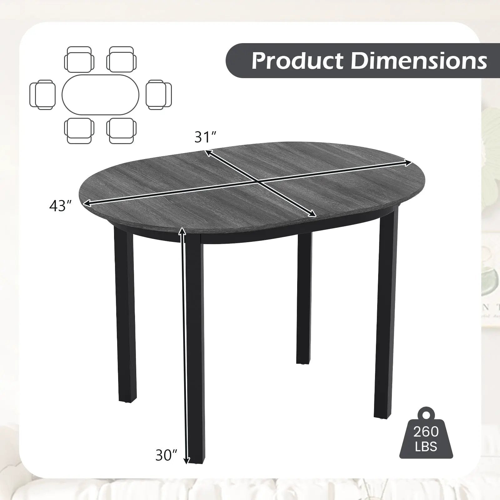 43 Inch Wooden Dining Table with Rubber Wood Legs for 2-4 People-Black by DirectDeals