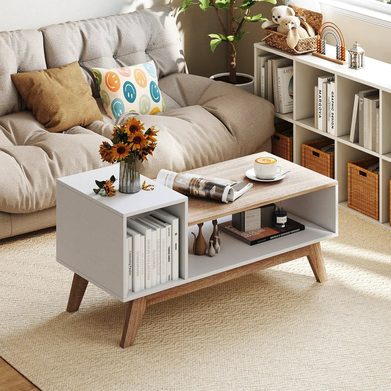 43 Inch Coffee Table with Stepped Tabletop and Storage Compartments-White by DirectDeals