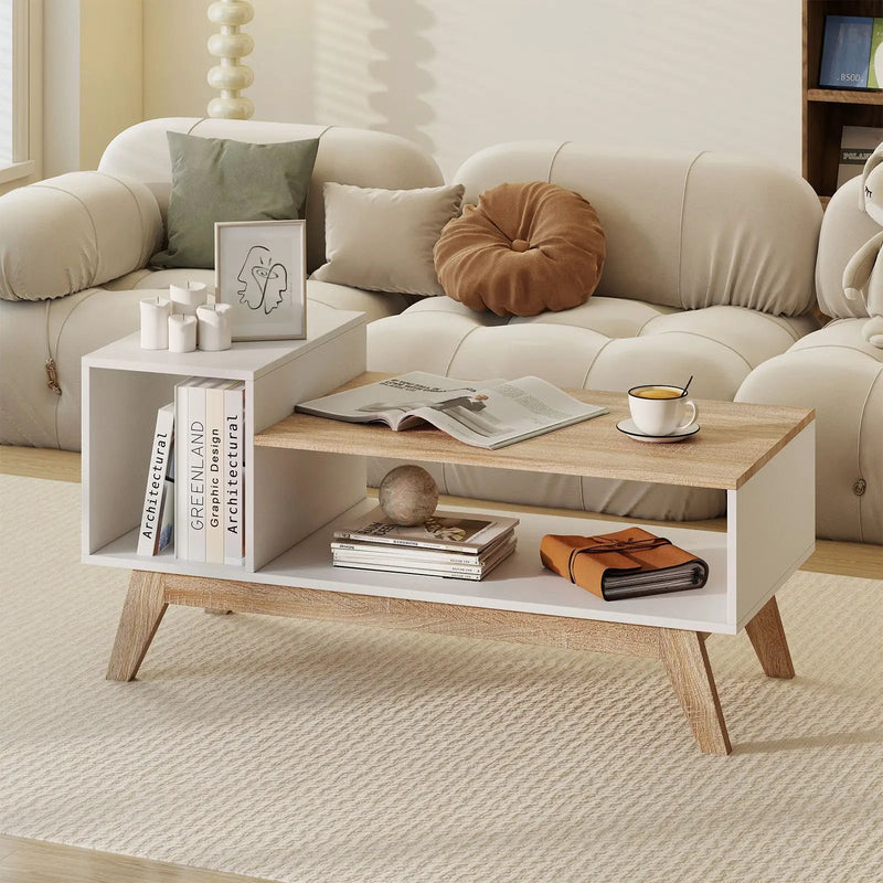 43 Inch Coffee Table with Stepped Tabletop and Storage Compartments-White by DirectDeals
