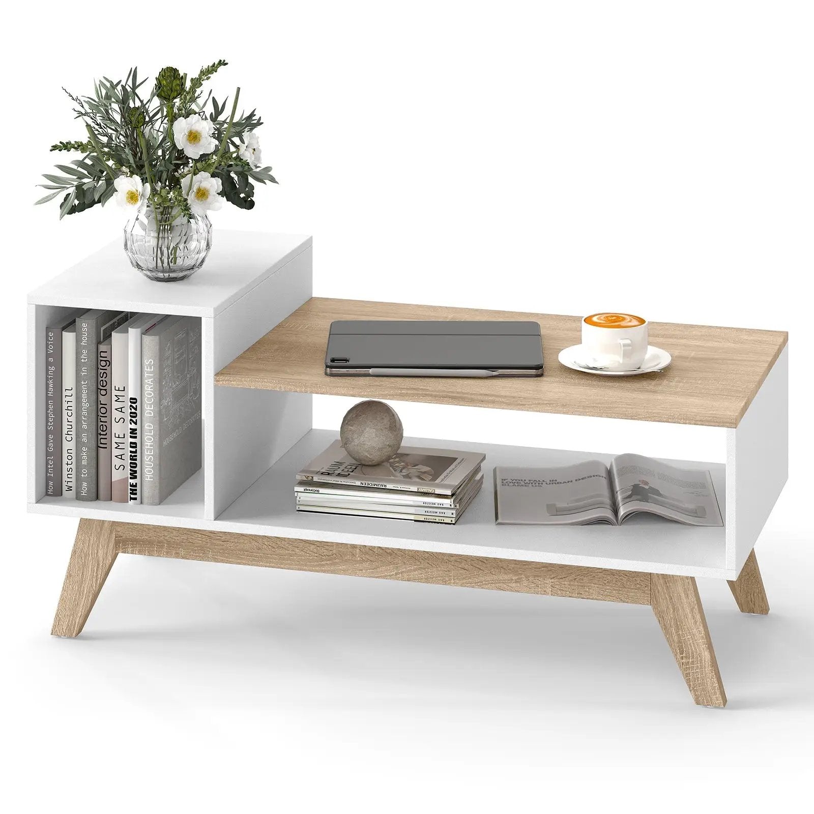 43 Inch Coffee Table with Stepped Tabletop and Storage Compartments-White by DirectDeals