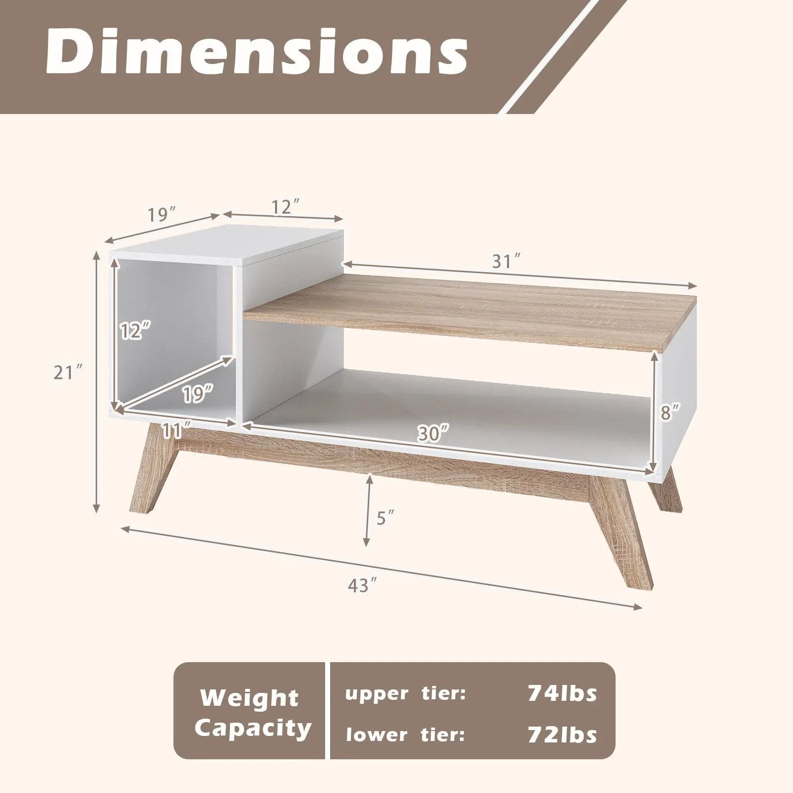 43 Inch Coffee Table with Stepped Tabletop and Storage Compartments-White by DirectDeals