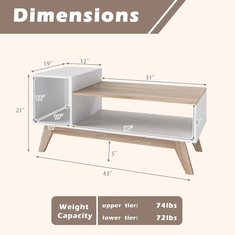 43 Inch Coffee Table with Stepped Tabletop and Storage Compartments-White by DirectDeals