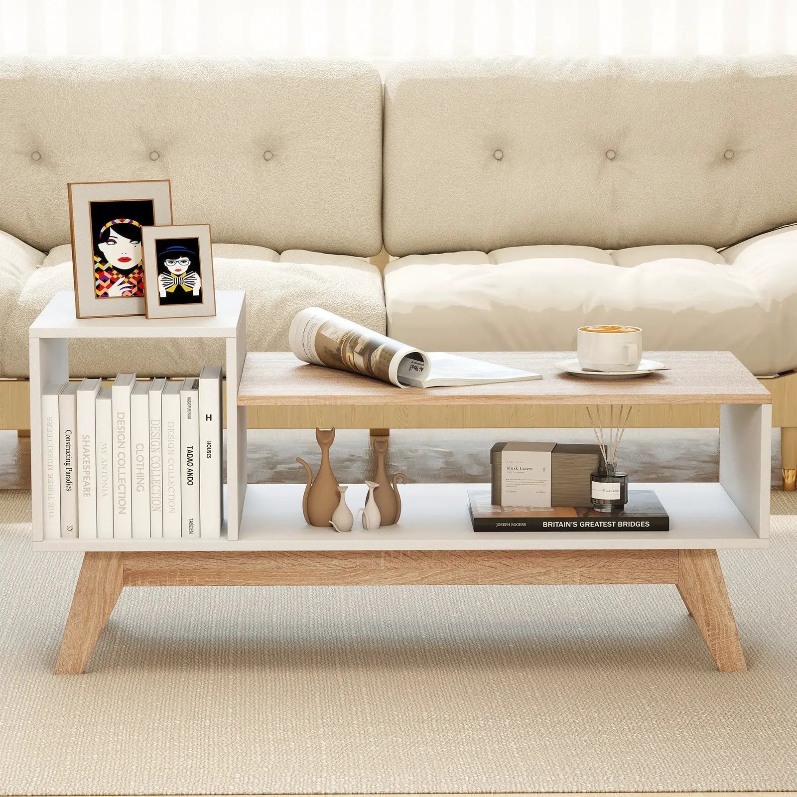 43 Inch Coffee Table with Stepped Tabletop and Storage Compartments-White by DirectDeals