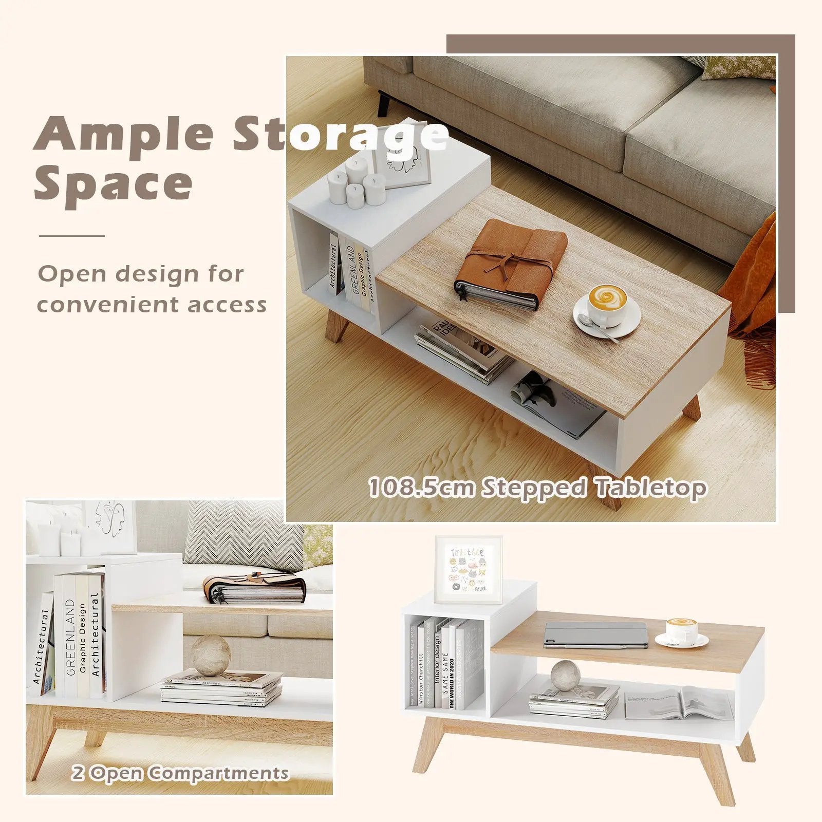 43 Inch Coffee Table with Stepped Tabletop and Storage Compartments-White by DirectDeals