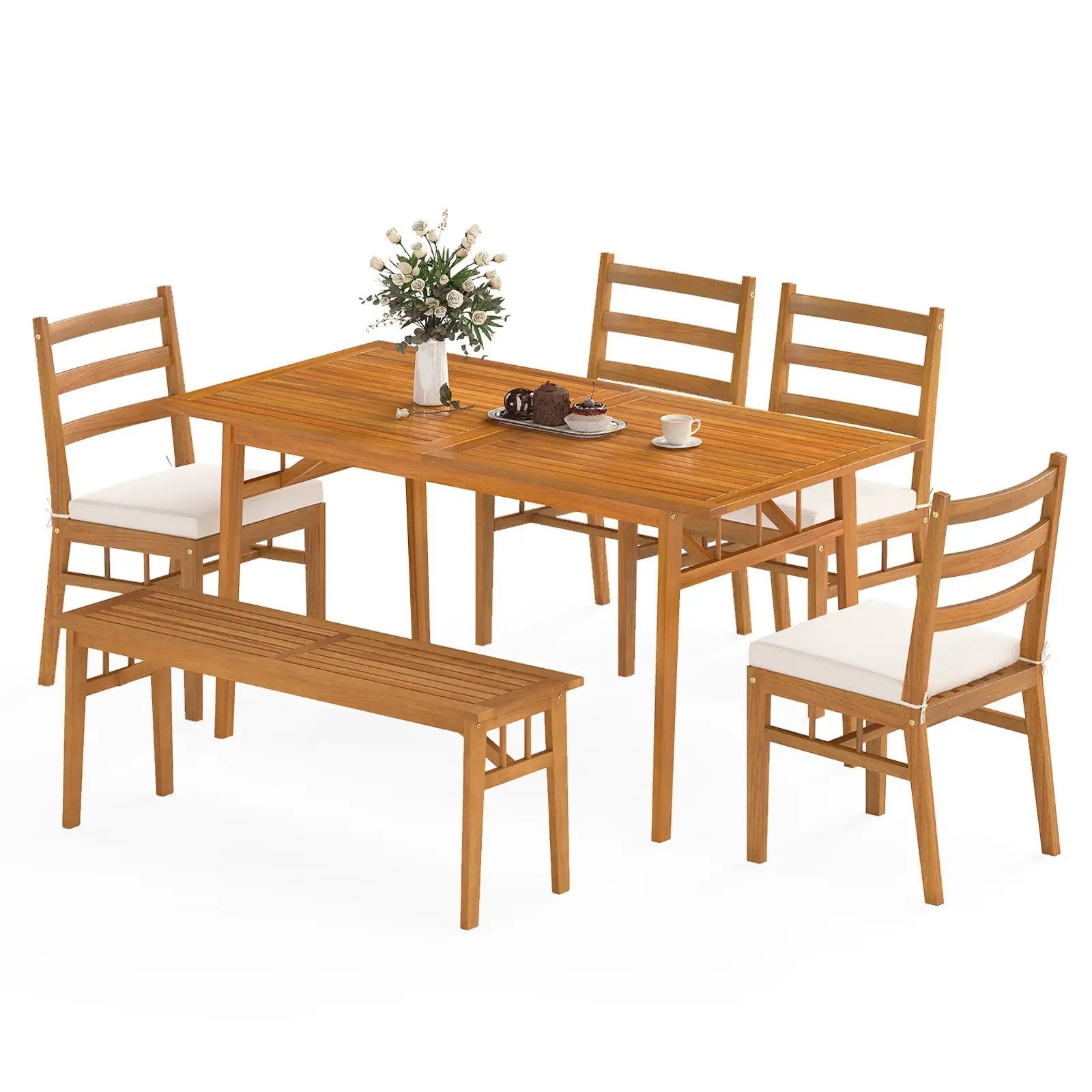 6 Pieces Patio Acacia Wood Dining Set with Bench Rectangular Table and Chairs by DirectDeals