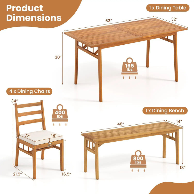 6 Pieces Patio Acacia Wood Dining Set with Bench Rectangular Table and Chairs by DirectDeals