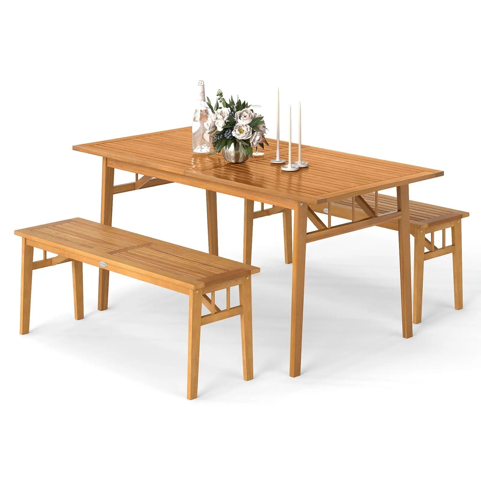 3 Pieces Patio Dining Set Acacia Wood Outdoor Rectangular Picnic Table and 2 Benches by DirectDeals