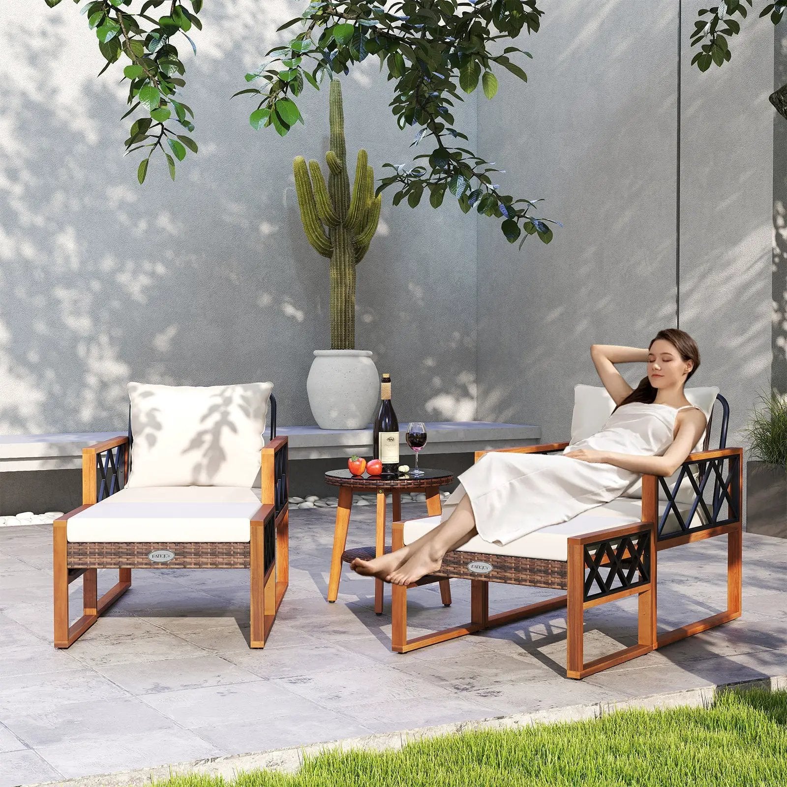 5 Pieces Patio Furniture Set PE Rattan Outdoor Conversation Set with Acacia Wood by DirectDeals