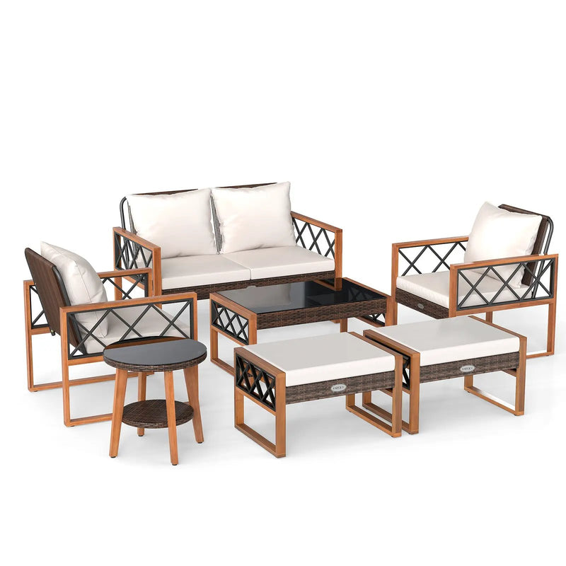 7 Pieces Patio Furniture Set PE Wicker Acacia Wood Outdoor Conversation Set by DirectDeals