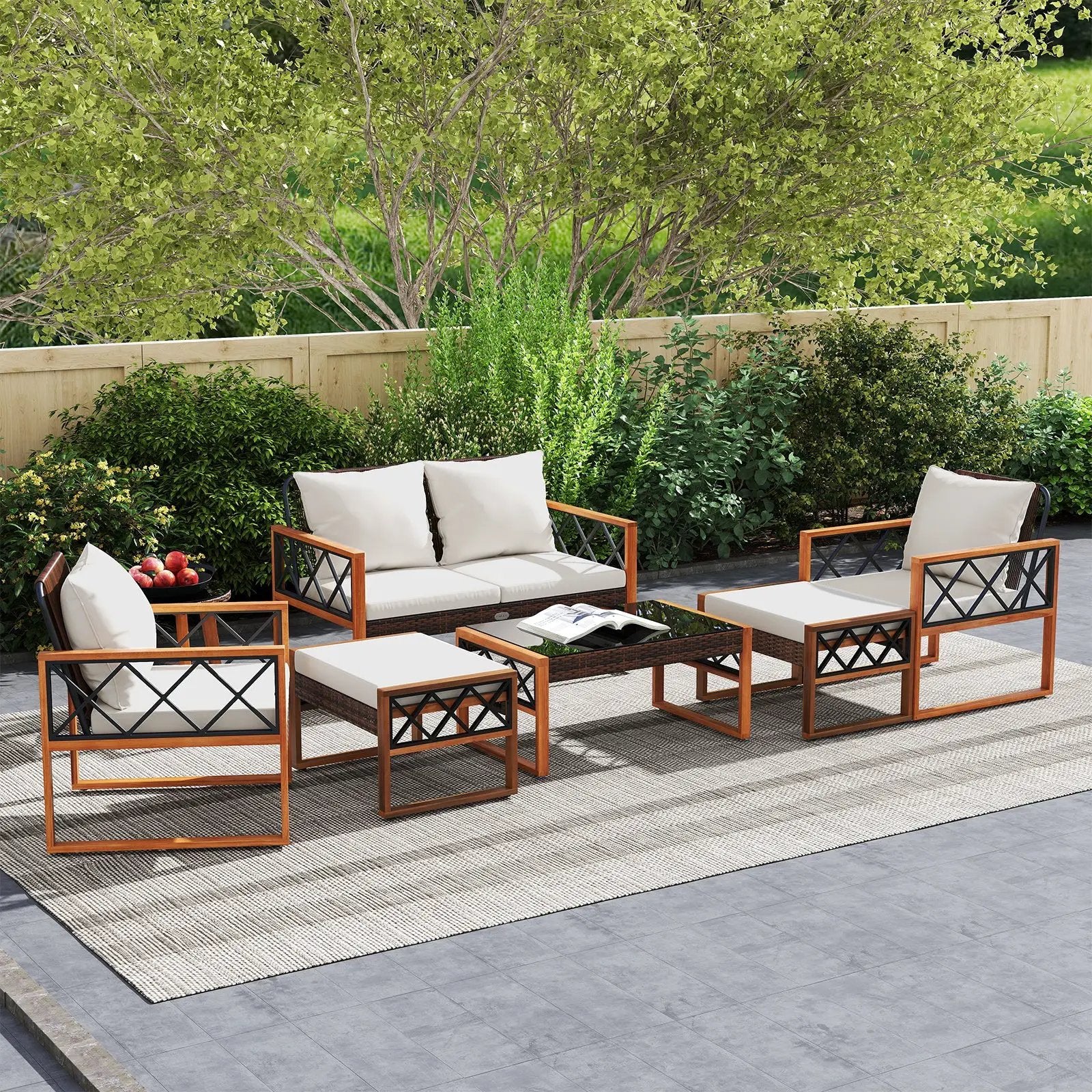 7 Pieces Patio Furniture Set PE Wicker Acacia Wood Outdoor Conversation Set by DirectDeals