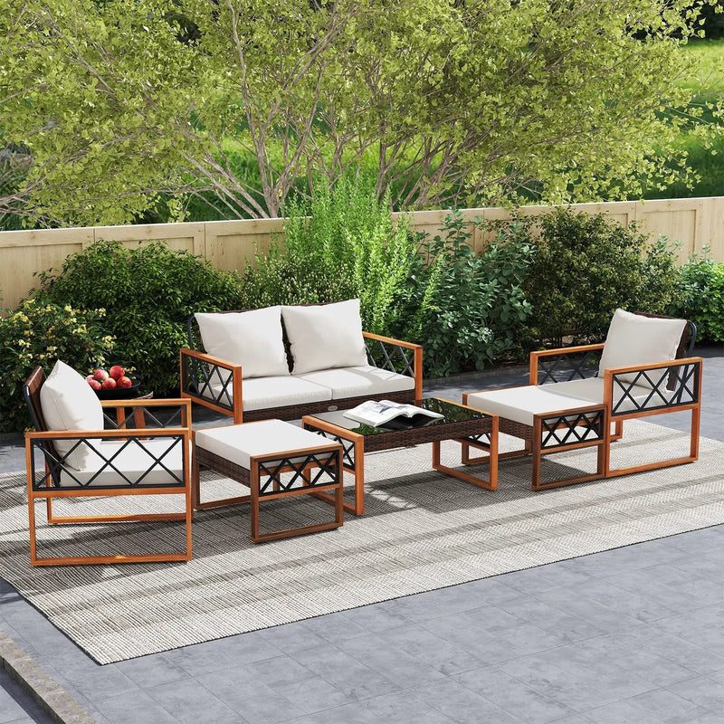 7 Pieces Patio Furniture Set PE Wicker Acacia Wood Outdoor Conversation Set by DirectDeals