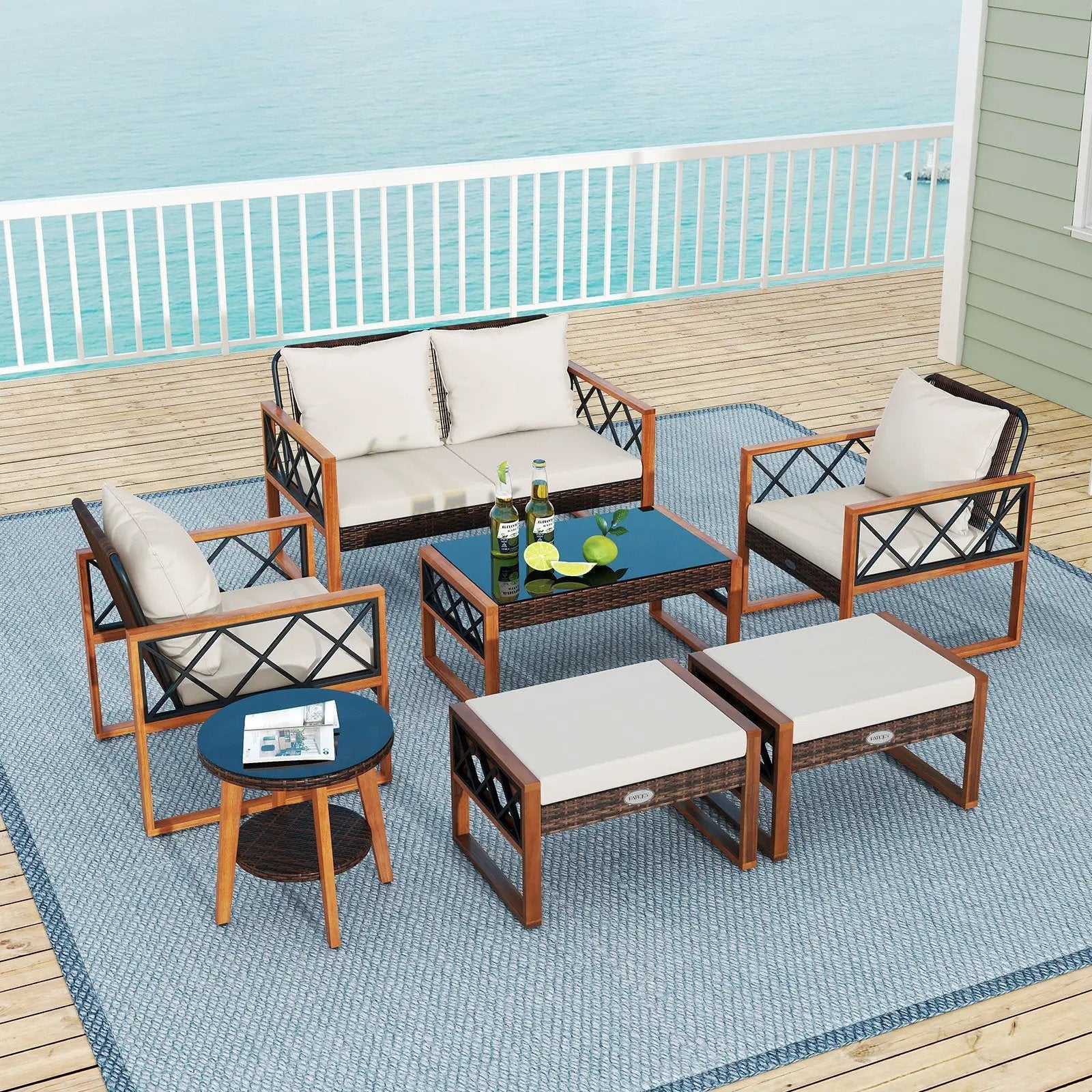 7 Pieces Patio Furniture Set PE Wicker Acacia Wood Outdoor Conversation Set by DirectDeals