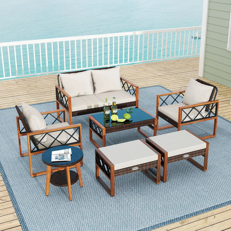 7 Pieces Patio Furniture Set PE Wicker Acacia Wood Outdoor Conversation Set by DirectDeals