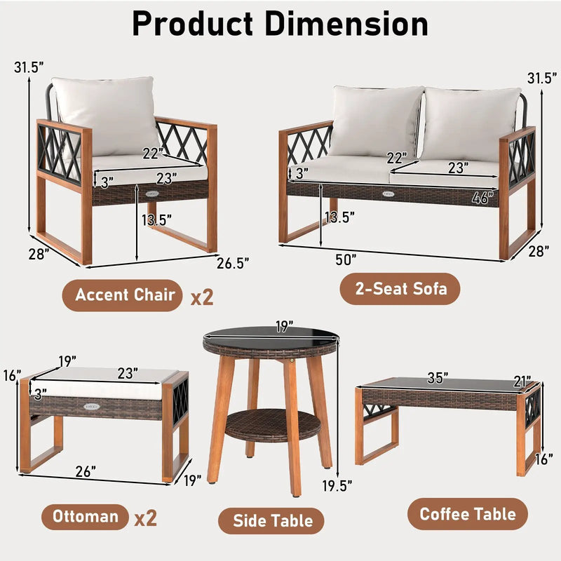 7 Pieces Patio Furniture Set PE Wicker Acacia Wood Outdoor Conversation Set by DirectDeals