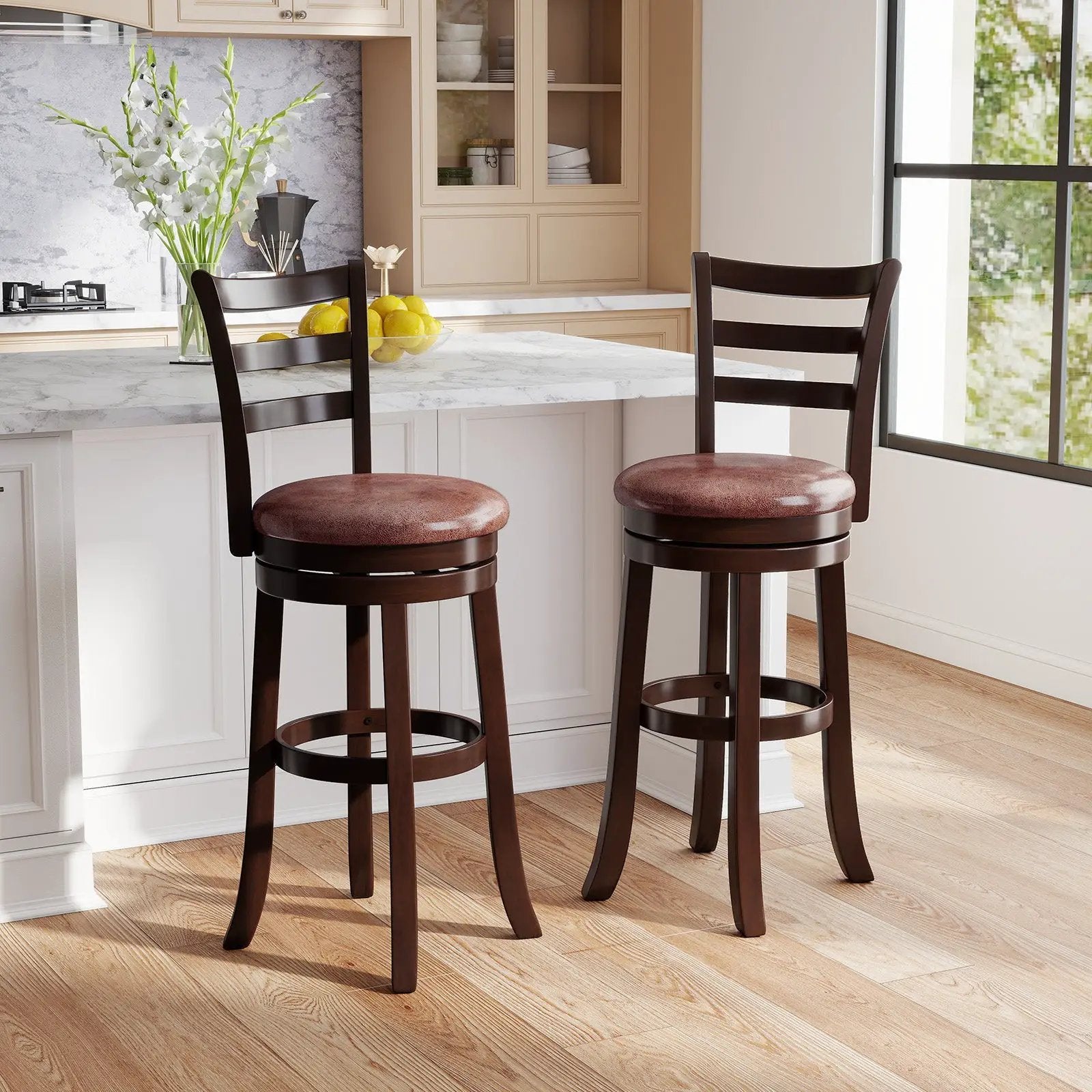 Counter Height Swivel Barstools Set of 2 with Faux Leather Seat and Wrap-around Footrest by DirectDeals