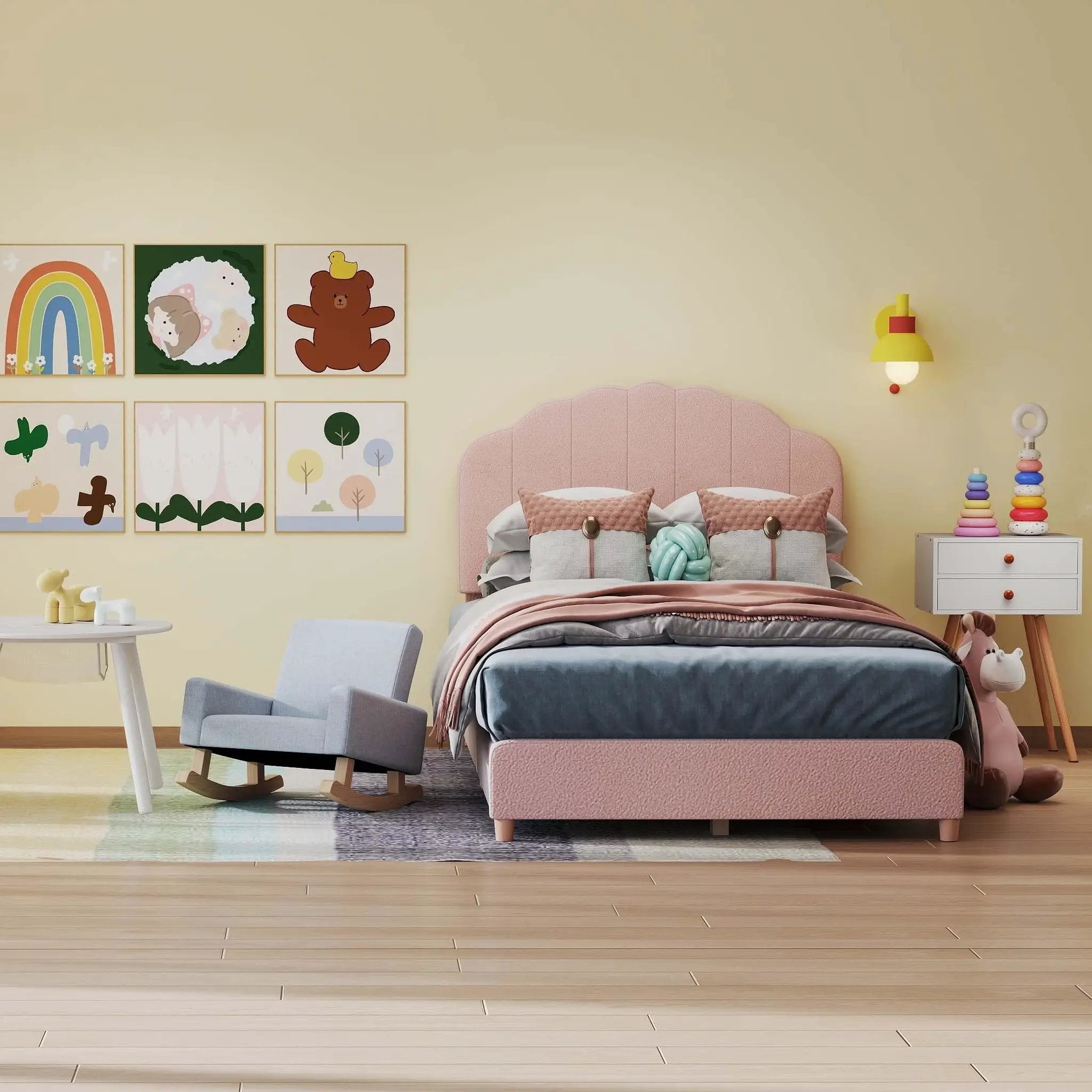 Children’s Room Furniture Bundle: Twin Pink Bed Blue & Pink Rocking Chairs Storage End Table by DirectDeals