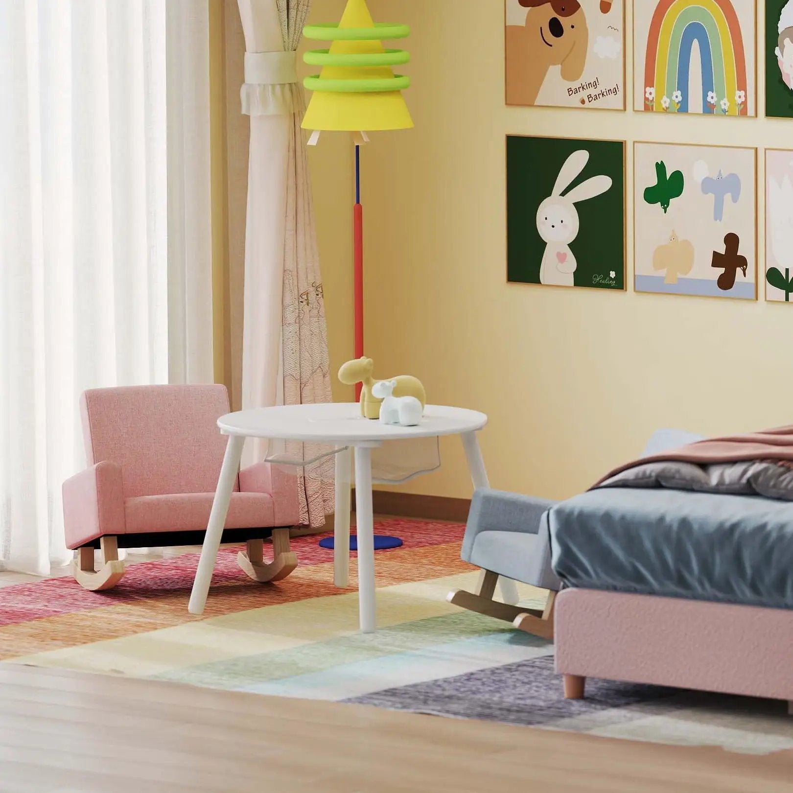 Children’s Room Furniture Bundle: Twin Pink Bed Blue & Pink Rocking Chairs Storage End Table by DirectDeals