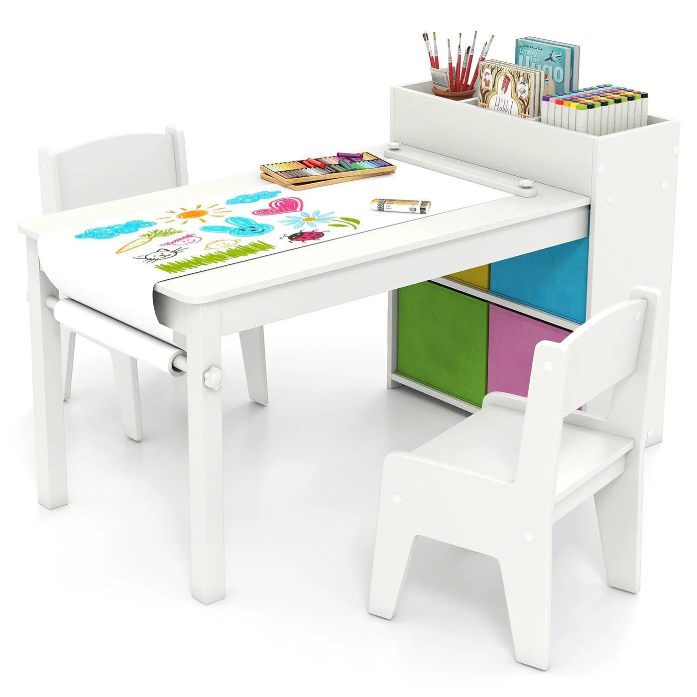 Kids Art Table and Chairs Set with 2 Chairs and Paper Roll by DirectDeals