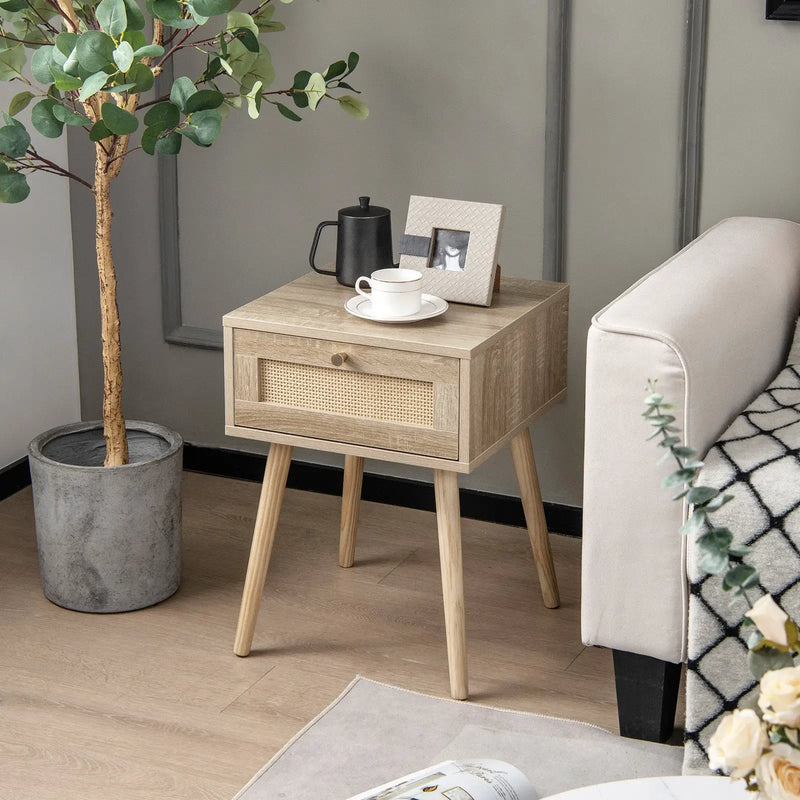 Set of 2 Modern Rattan Nightstand with Drawer and Solid Wood Legs for Bedroom and Living Room-Oak by DirectDeals