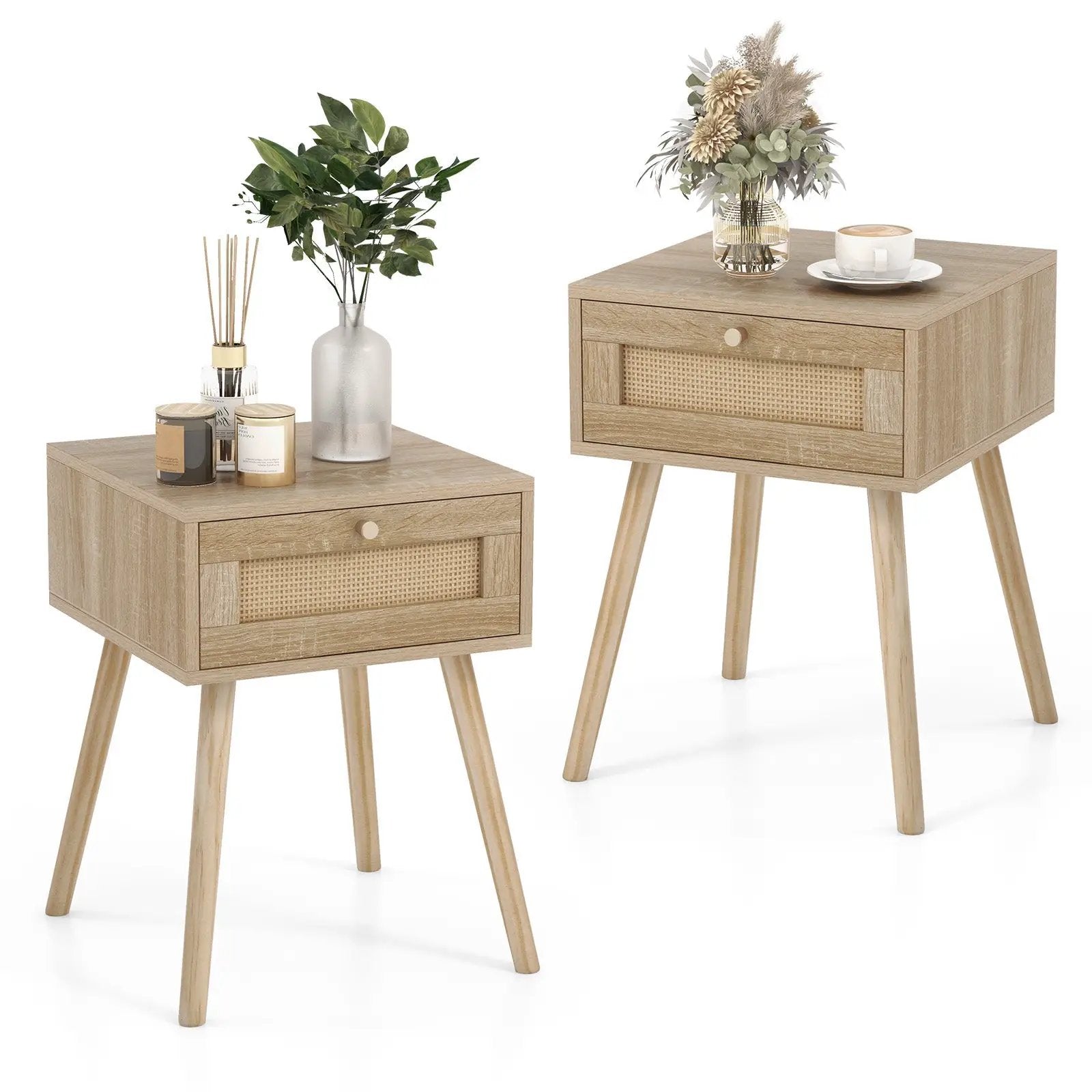 Set of 2 Modern Rattan Nightstand with Drawer and Solid Wood Legs for Bedroom and Living Room-Oak by DirectDeals