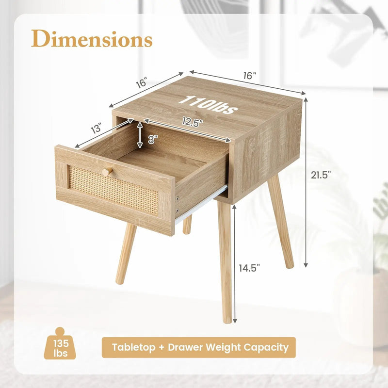 Set of 2 Modern Rattan Nightstand with Drawer and Solid Wood Legs for Bedroom and Living Room-Oak by DirectDeals